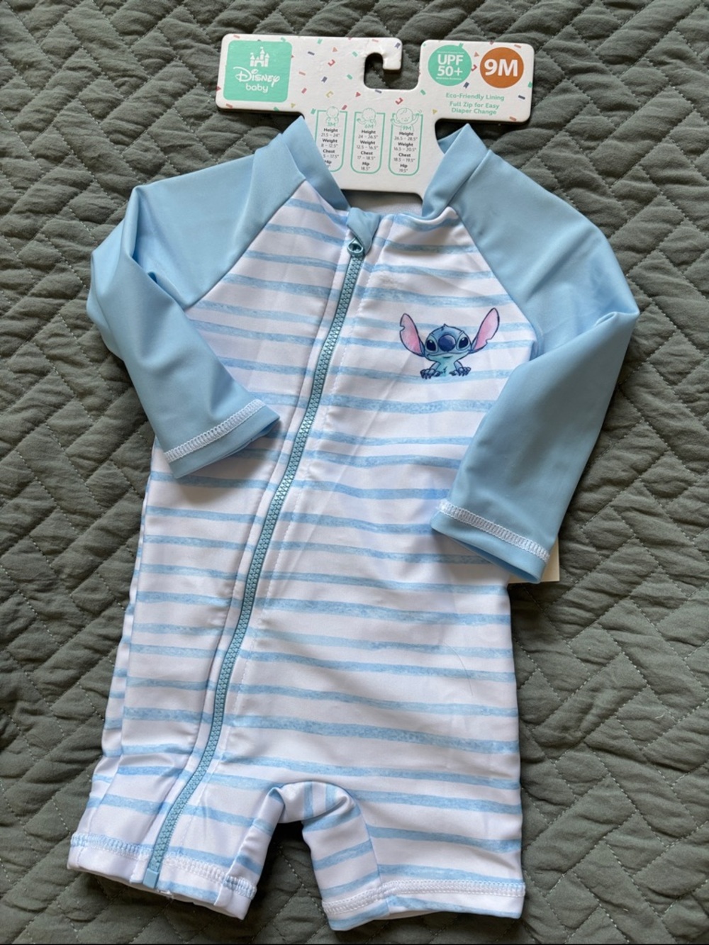 Disney Light Blue & White Stripe Stitch UPF 50+ Baby Swim Romper - 9M